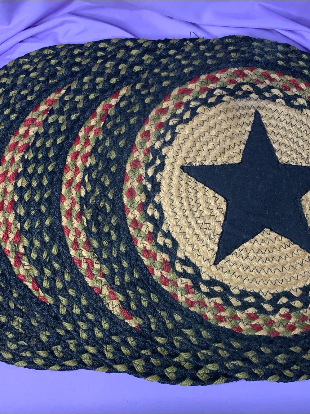 4 Rustic Star Braided Round Placemats - Black, Natural & Red farmhouse Americana